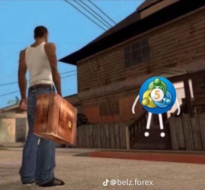 A scene from a video game (likely GTA San Andreas) showing the protagonist CJ holding a briefcase in a run-down neighborhood, overlaid with a circular logo and the TikTok handle '@belz.forex'.