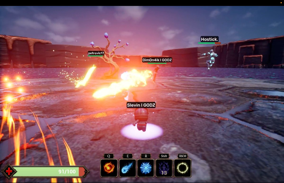 A video game screenshot showing players 'petrovic17', 'DimOn4ik I GODZ', 'Hostick.', and 'Slevin I GODZ' battling with fire magic, with a 91/100 health bar and spell icons visible.