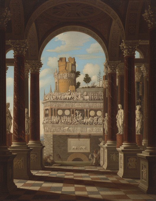 A classical architectural painting depicting a grand colonnade with Corinthian columns framing a view of a tower, statues, and a detailed bas-relief frieze under a blue sky.