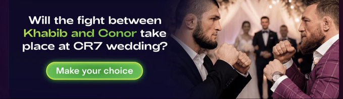 A promotional banner asks "Will the fight between Khabib and Conor take place at CR7 wedding?" with a green "Make your choice" button, showing a stylized image of Khabib Nurmagomedov and Conor McGregor in formal wear facing off with raised fists, tying into the Dexsport prediction market post about whether the two MMA rivals would throw hands at Cristiano Ronaldo's wedding.