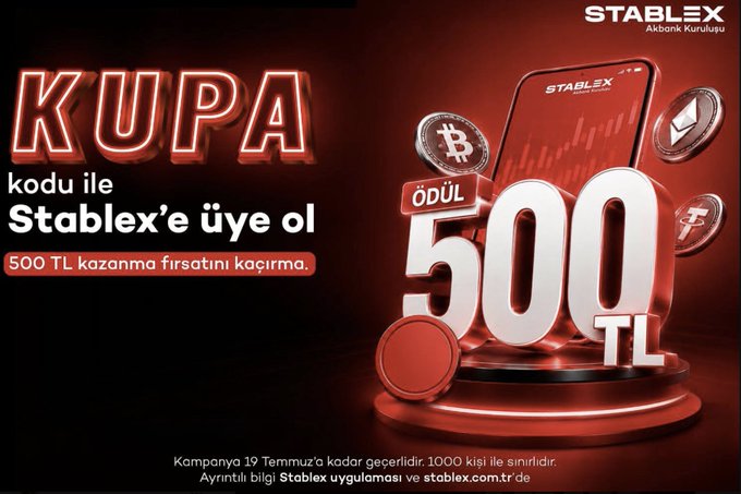 The image is a promotional banner for Stablex (Akbank-backed crypto platform) featuring a red neon "KUPA" (Cup) heading, a smartphone displaying the Stablex app with cryptocurrency coins, and a large "ÖDÜL 500 TL" (Reward 500 TL) graphic, advertising a referral code campaign running until August 19.

The post highlights this Stablex World Cup-themed promotion as a welcoming entry point for crypto newcomers, aligning with the banner's call to sign up with the code "KUPA" and earn 500 TL.