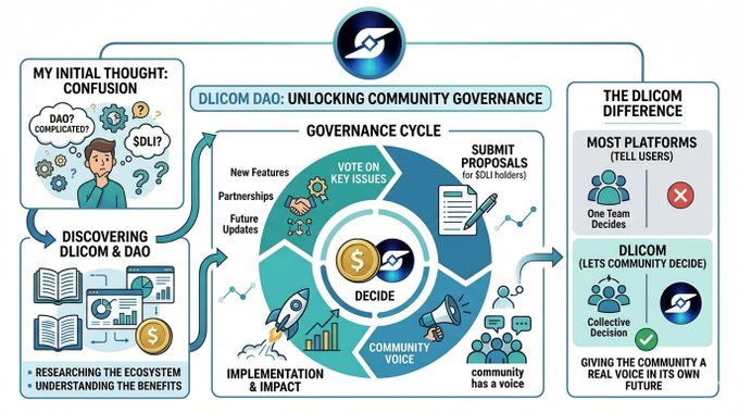 A flowchart explaining Dlicom and its features for the community, specifically Dlicom Governance Cycle. The Dlicom Governance Cycle shows the steps that should be taken to make decisions or resolve issues within a community using a decision-making process based on what is shown in the flow chart.
