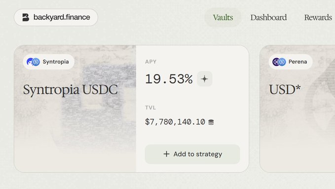 Screenshot of the backyard.finance platform displaying a Syntropia USDC vault with a 19.53% APY and $7,780,140.10 TVL.