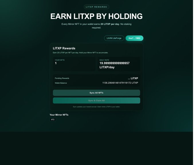 The image shows a screen displaying the user's account balance, which indicates they are earning litXRP by holding an LTC token. The screen also includes a form where users can enter their private key and the address of another person (a mirror wallet) who will receive the earned litXRP payment in return for holding the token. Furthermore, there is a message explaining that every user's interactions will be rewarded with an LTC cost.