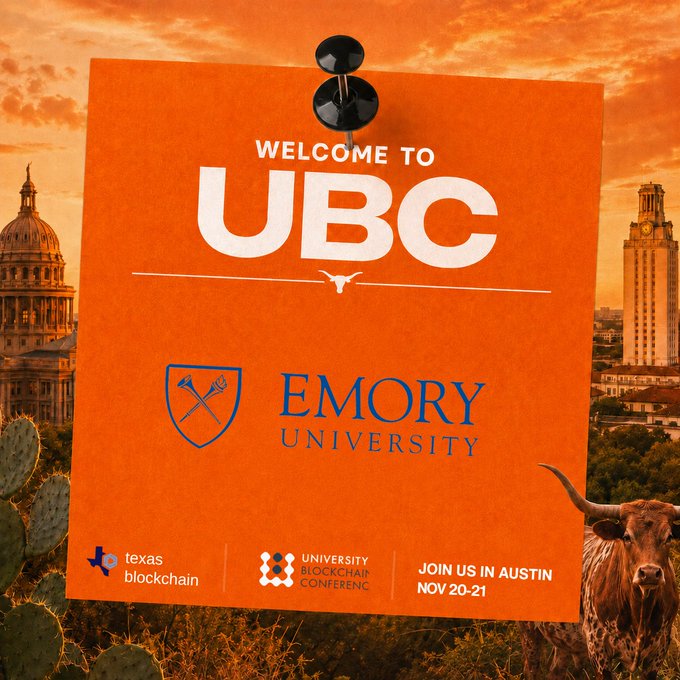 An orange poster reading 'WELCOME TO UBC' and 'EMORY UNIVERSITY' with a longhorn skull logo, advertising the 'UNIVERSITY BLOCKCHAIN CONFERENCE' hosted by Texas Blockchain in Austin on Nov 20-21.