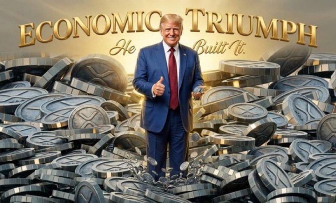 The image features Donald Trump giving a thumbs-up while standing atop a massive pile of gold coins, with the bold text "ECONOMIC TRIUMPH" displayed prominently behind him. The accompanying post celebrates the release of the CLARITY Act, aligning with the celebratory imagery by portraying Trump as the architect of America's rise as a global crypto capital through expanded digital asset stockpiling.