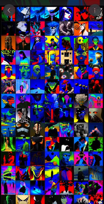 A dense collage of various AI-generated artworks featuring dark, surreal portraits, animals, and abstract figures rendered in vibrant neon blues, reds, and greens.
