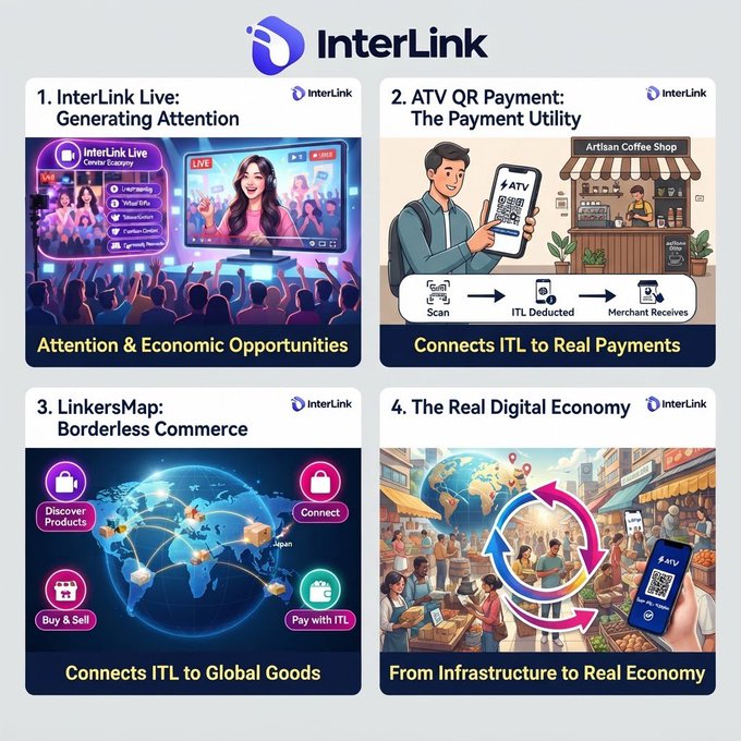An informational infographic detailing the "InterLink" ecosystem, divided into four sections: "InterLink Live: Generating Attention," "ATV QR Payment: The Payment Utility," "LinkersMap: Borderless Commerce," and "The Real Digital Economy."