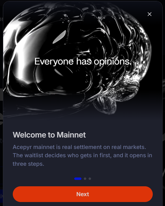 A welcome screen for 'Mainnet' featuring the text 'Everyone has opinions.' over a dark abstract 3D render, with a 'Next' button and pagination dots.