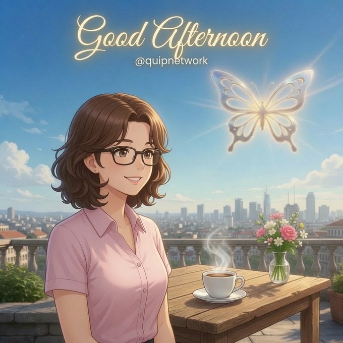 An anime-style illustration of a smiling woman with glasses and short brown hair, wearing a pink shirt. She sits at a table with a coffee cup and flowers, with a glowing butterfly flying nearby. The text "Good Afternoon @quipnetwork" appears at the top.