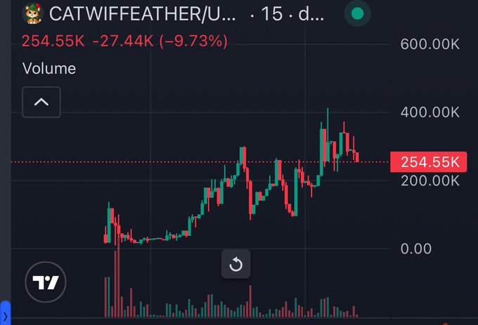 The image shows a cryptocurrency chart for "CATWIFFEATHER/U" with a current price of 254.55K and a 9.73% decrease, aligning with the post "We're dumping".