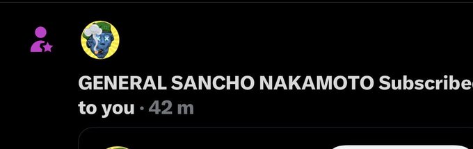 A screenshot showing a user subscription notification from 'GENERAL SANCHO NAKAMOTO' with a profile picture of a globe character and a purple user icon, posted 42 minutes ago.