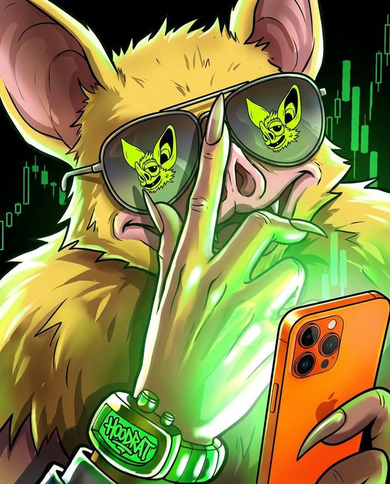 A colorful digital artwork of a yellow bat-like creature wearing sunglasses reflecting chihuahua faces, holding up a hand showing "rock on" gesture, with a green digital watch and an iPhone against a candlestick chart background.