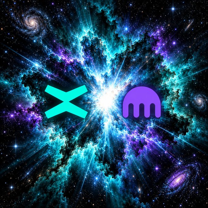 A cosmic, nebula-like background with a bright starburst in the center, flanked by a cyan 'X' logo on the left and a purple 'M' (Manta Network) logo on the right.