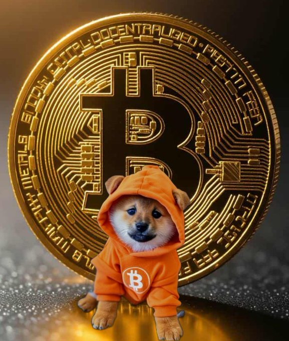 A Shiba Inu dog wearing an orange Bitcoin hoodie sits in front of a large golden Bitcoin coin.