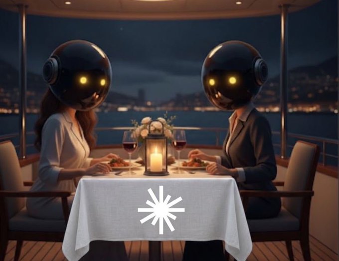 Two figures in business attire wearing robotic helmets with glowing yellow eyes having a romantic dinner on a yacht at night, with a starburst loading icon overlaid on the white tablecloth.