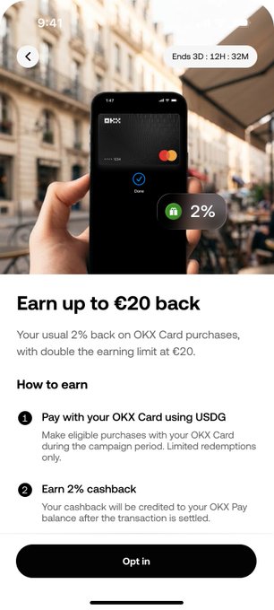 The image shows a mobile app screen promoting an OKX Card offer where users can earn up to €20 back, with 2% cashback on purchases and a "2%" badge highlighted on the card displayed. The post discusses OKX Card perks now available in Europe, including 50% back on subscriptions like Netflix, ChatGPT, or Claude, with the screenshot illustrating the cashback earning feature mentioned.