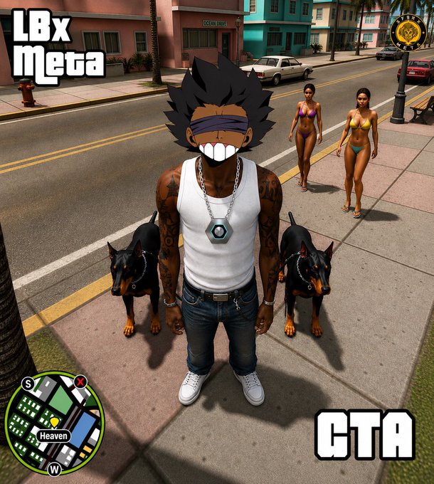 A screenshot from the video game GTA featuring a custom anime-style character with spiky black hair and a white tank top, flanked by two Doberman dogs on a Miami-like street, with 'LBX Meta' and 'GTA' text overlays.