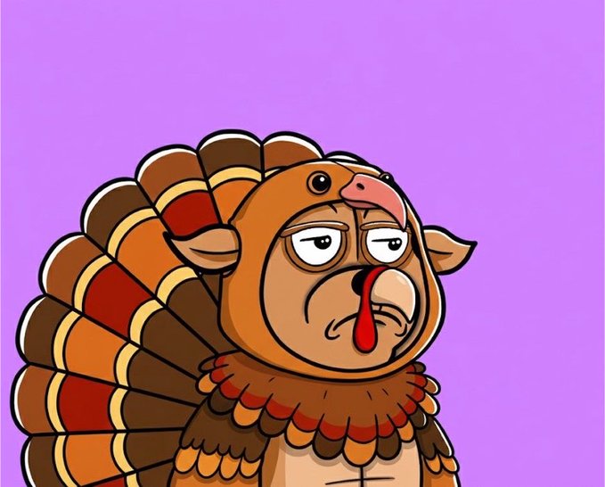 A cartoon illustration shows a character wearing a turkey costume with brown, orange, and red feathers fanned out behind them, displaying a tired or unamused expression against a purple background.