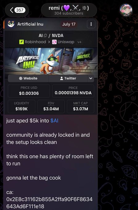 A screenshot of a Telegram channel 'remi (💜, 𓅔, ☼)' posting about a cryptocurrency 'Artificial Inu' ($AI) with price $0.00306 and FDV $3.04M.