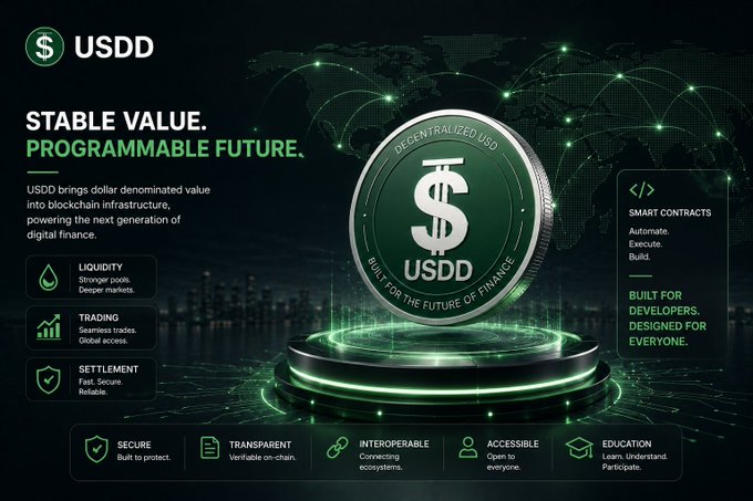 A promotional graphic for USDD stablecoin with the tagline 'STABLE VALUE. PROGRAMMABLE FUTURE.', highlighting features like Liquidity, Trading, Settlement, and Smart Contracts on a green tech-themed background.