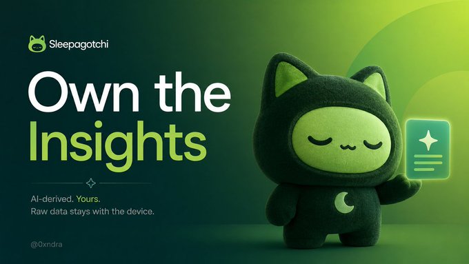 Promotional graphic for 'Sleepagotchi' featuring a green-hooded cat mascot with the text 'Own the Insights' and 'AI-derived. Yours. Raw data stays with the device.' credited to @0xndra.