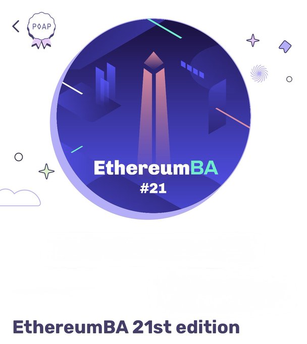 A circular POAP badge featuring a purple cityscape with the text "EthereumBA #21" celebrating the 21st edition of Ethereum Buenos Aires. This serves as a digital collectible marking attendance at the EthereumBA event, fitting the post's question about remembering one's first POAP.