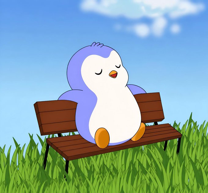 A cute cartoon illustration of a round blue and white penguin-like character sitting on a wooden bench in green grass under a blue sky with clouds.