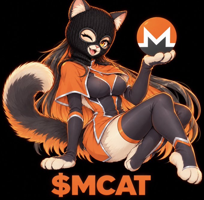 An anime-style mascot illustration for the cryptocurrency '$MCAT' featuring an anthropomorphic cat girl in an orange and black outfit with a fox-like tail, holding up the orange Monero logo coin.