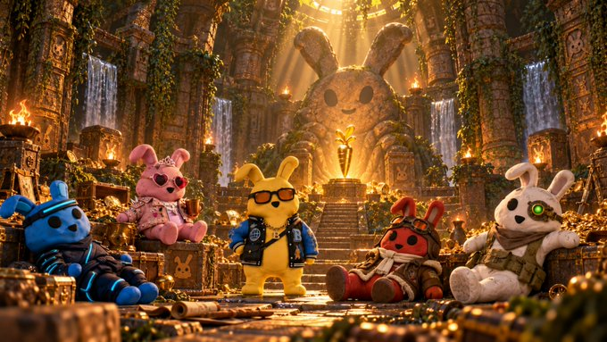 A 3D-rendered scene of five colorful rabbit-like plush characters posed in front of an ancient stone temple with a large carved rabbit face statue.