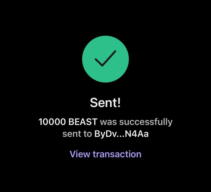 A green checkmark confirms a successful transaction, with text reading "Sent! 10000 BEAST was successfully sent to ByDv...N4Aa" and a "View transaction" link, visually verifying the $BEAST airdrop delivery to the user's wallet.