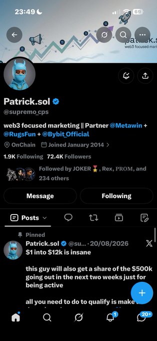 An X (Twitter) profile page for 'Patrick.sol' (@supremo.cps), a web3-focused marketing account with 1.9K following, showing a pinned post about a $500k giveaway and $1 into $12k campaign.