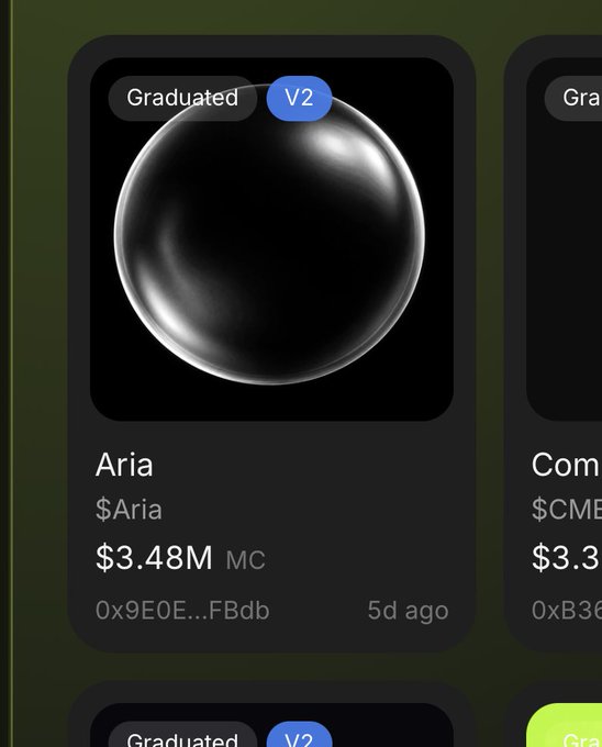 A digital collectible card displays a black sphere labeled 'Aria' with a market cap of $3.48M, marked as 'Graduated' and 'V2' on a trading platform.