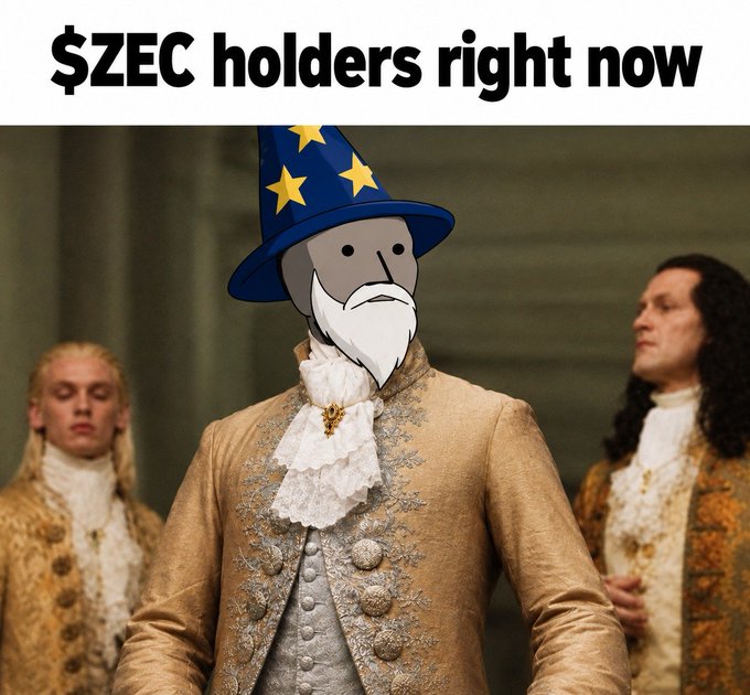 A meme with the text "$ZEC holders right now" shows a character from the movie Stardust dressed in an ornate 18th-century cream-colored coat with ruffled cravat, but with an edited face wearing a cartoon wizard hat with yellow stars, while two other aristocratic figures stand in the background. The image humorously suggests that Zcash ($ZEC) holders are holding onto their coins stoically and patiently, like royalty waiting for the price to move.