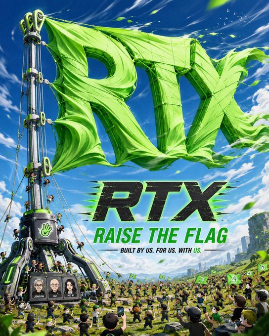 A vibrant promotional poster for 'RTX' with the tagline 'RAISE THE FLAG - BUILT BY US. FOR US. WITH US.' featuring a massive green RTX flag, a crowd of figures, and Nvidia Jensen and 'Ai' character portraits.