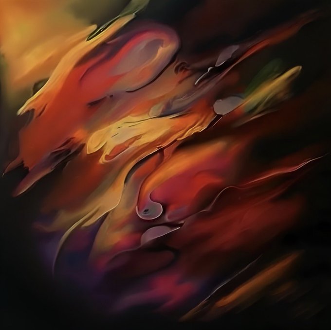 An abstract digital artwork featuring swirling, glossy forms in warm tones of orange, red, yellow, and brown with dark shadowy edges.