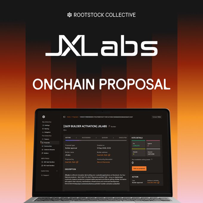 Promotional graphic for Rootstock Collective featuring a JX.Labs onchain proposal displayed on a laptop, with proposal #2609 for JX.Labs Builder Activation requesting 8,562,562 RIF tokens.