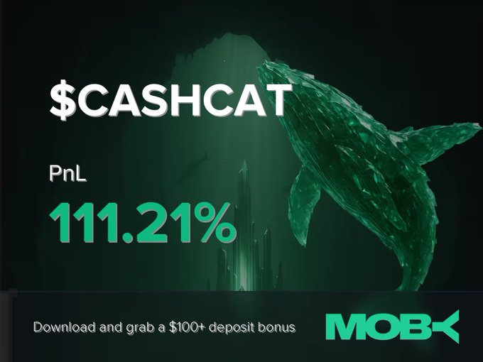 A promotional graphic featuring a crystalline green whale and underwater scenery displays "$CASHCAT" with a "PnL 111.21%" win alert, alongside the text "Download and grab a $100+ deposit bonus" and the MOBY logo—visually celebrating the trader's profitable close highlighted in the post.