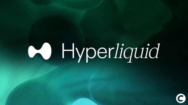 The image displays the "Hyperliquid" logo in white text with its distinctive droplet-shaped icon against a dark green, fluid-like background, visually representing the brand associated with the $HYPE token now available for spot trading on Binance.