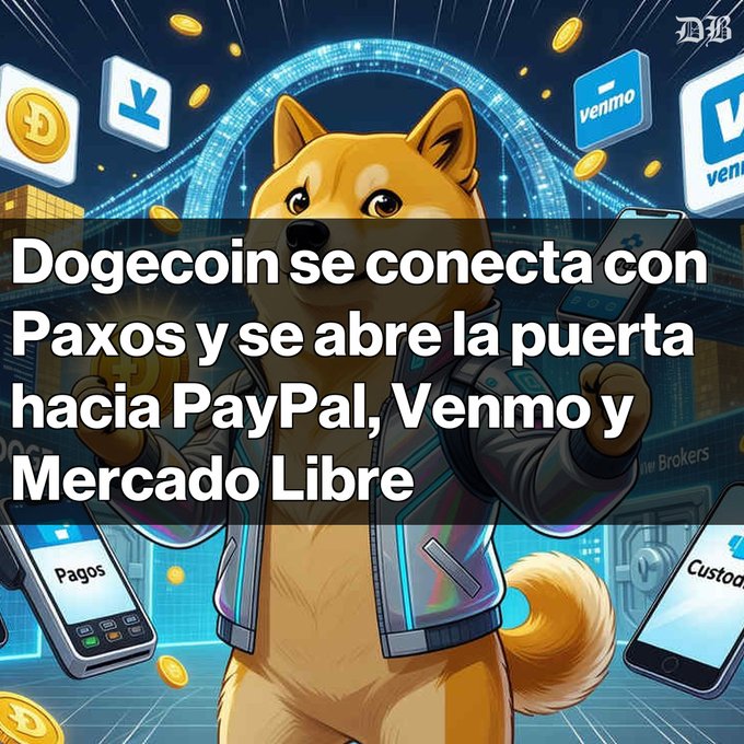 The image features a cartoon dog standing next to various objects such as cell phones, coins, and other items. The text above the dog reads "DOGEcoin se connecta con Pixos y se abre la pausa hacia PayPal, Venmo y Mercado Libre". This suggests that the dog is promoting Bitcoin or cryptocurrency in a fun and engaging way.