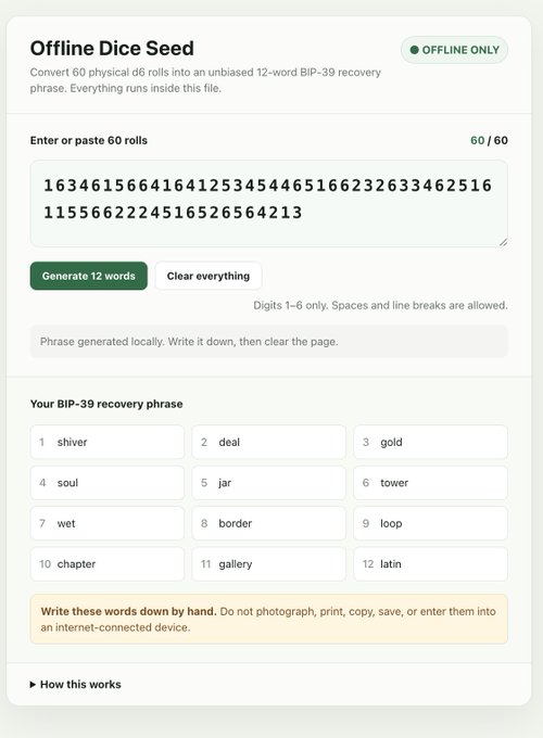 An "Offline Dice Seed" tool interface showing 60 dice rolls being converted into a 12-word BIP-39 recovery phrase ("shiver deal gold soul jar tower wet border loop chapter gallery latin"), illustrating the critique of using homemade, vibe-coded software on standard computers for generating crypto wallet recovery seeds.