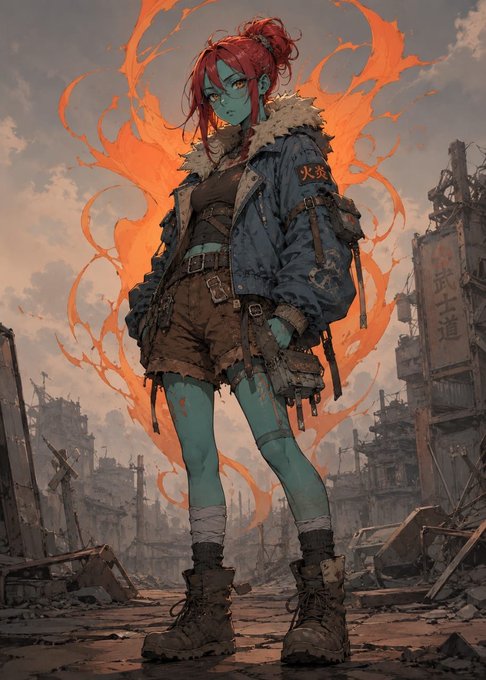 Anime-style artwork of a red-haired girl with blue-tinted skin wearing a denim jacket with '火炎' (fire) character and brown shorts, standing in a post-apocalyptic setting with orange flames behind her.