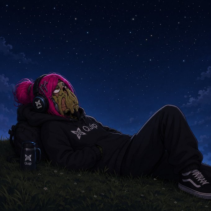An illustrated character with pink hair, a skull mask, and Quip-branded headphones and hoodie reclines on grass under a starry night sky.