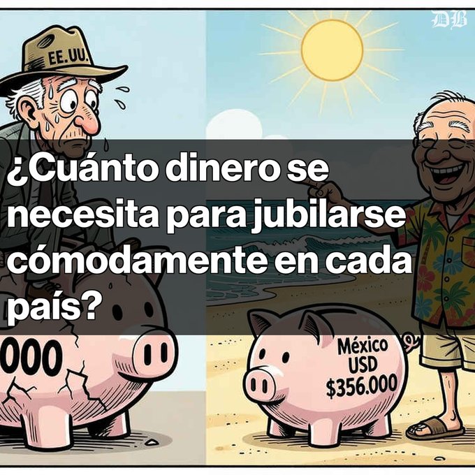 A cartoon comparing retirement savings needed in different countries, with Spanish text asking '¿Cuánto dinero se necesita para jubilarse cómodamente en cada país?' and showing pigs with sums like 'México USD $356.000'.