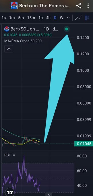 A TradingView chart screenshot from 'Bertram The Pomera...' showing Bert/SOL on a 1D timeframe with a large cyan arrow pointing upward to a +5.39% gain at 0.01045, featuring MA/EMA Cross 50/200 indicators and an RSI 14 chart below.