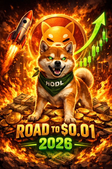 A meme-style digital illustration of a smiling Shiba Inu dog wearing a green 'HODL' bandana, sitting on piles of gold coins and money against a fiery background, with text reading 'ROAD TO $0.01 2026'.