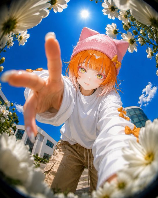 An anime-style illustration of an orange-haired girl wearing a pink cat-eared beanie, reaching toward the viewer through white daisy flowers against a bright blue sky with the sun shining overhead.