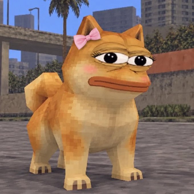 A 3D-rendered, low-poly orange cat character with large eyelashes, rosy cheeks, and a pink bow on its head, standing in what appears to be a GTA-style urban environment.