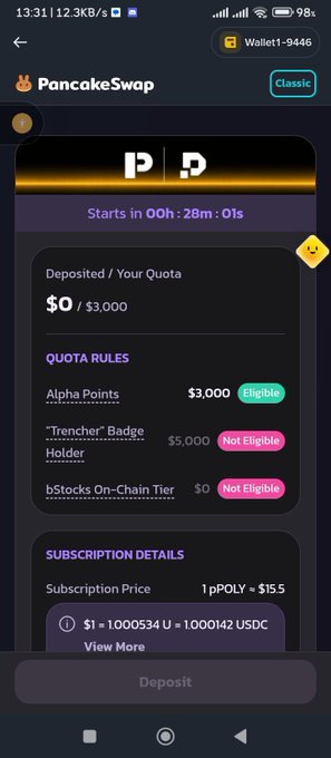 A mobile phone screenshot displays a PancakeSwap interface with text including 'Starts in 00H : 28m : 01s', 'Deposited / Your Quota $0 / $3,000', 'QUOTA RULES' showing 'Eligible' and 'Not Eligible' statuses, and 'SUBSCRIPTION DETAILS' priced at '1 pPOLY = $15'.