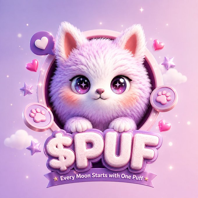 A cute pink and purple fluffy cat character with sparkly eyes for the '$PUF' token, featuring the tagline 'Every Moon Starts with One Puff'.
